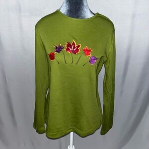 Breckenridge Green Long Sleeve Top with Embroidered Leaf Design